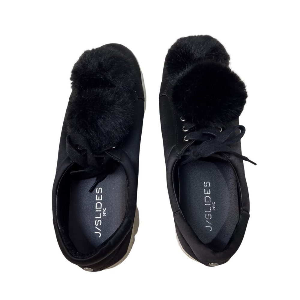 J/Slides NYC Alpha Satin Pom Poms Sneaker Black Lace Up Size 8.5 Platform - Picture 6 of 11